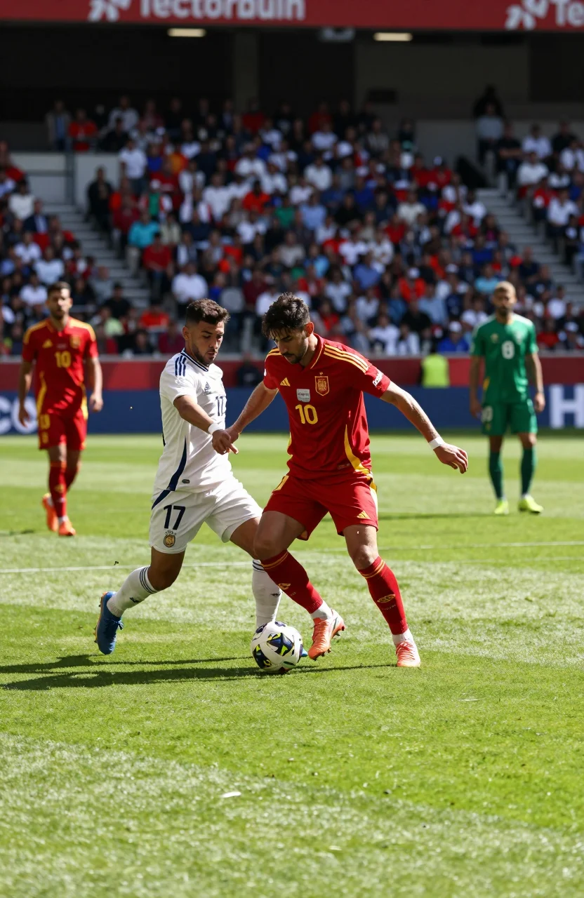 Match de football en Espagne, stade plein, joueurs en possession du ballon sous le soleil