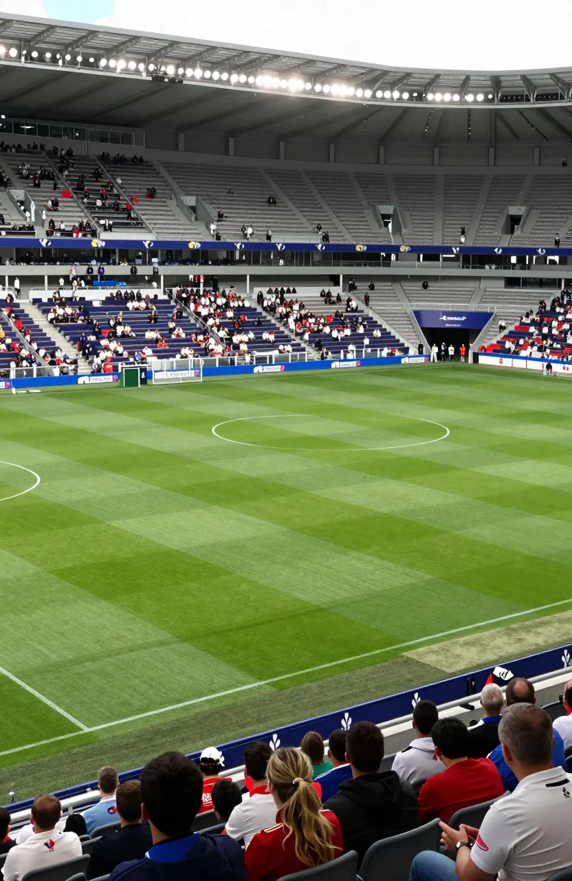 Stade de football francais en plein jour avec pelouse immaculee et tribunes