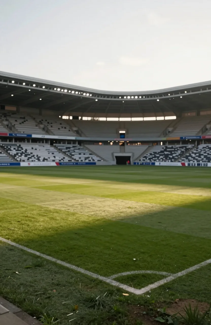 Terrain de football de championnat francais sous lumiere naturelle, tribunes floues
