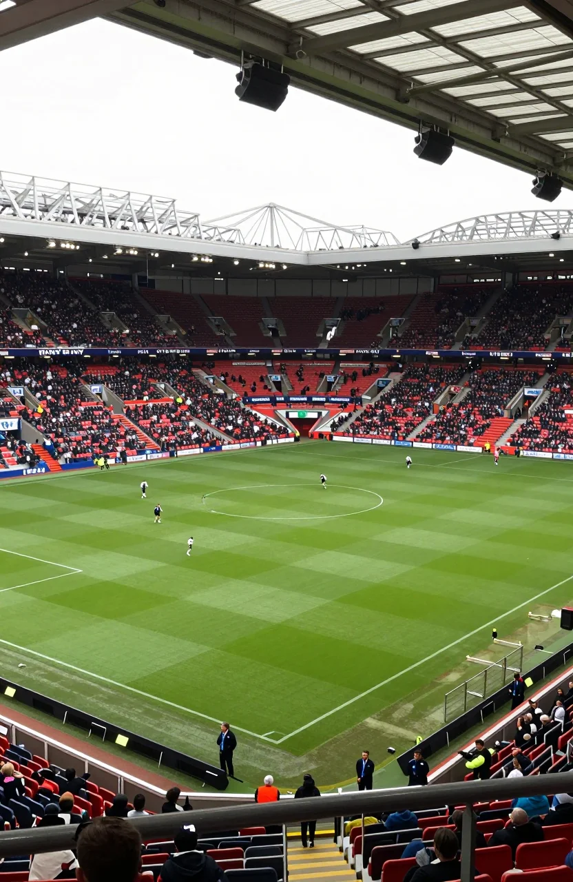 Stade de football anglais sous lumiere naturelle avec pelouse et tribunes remplies