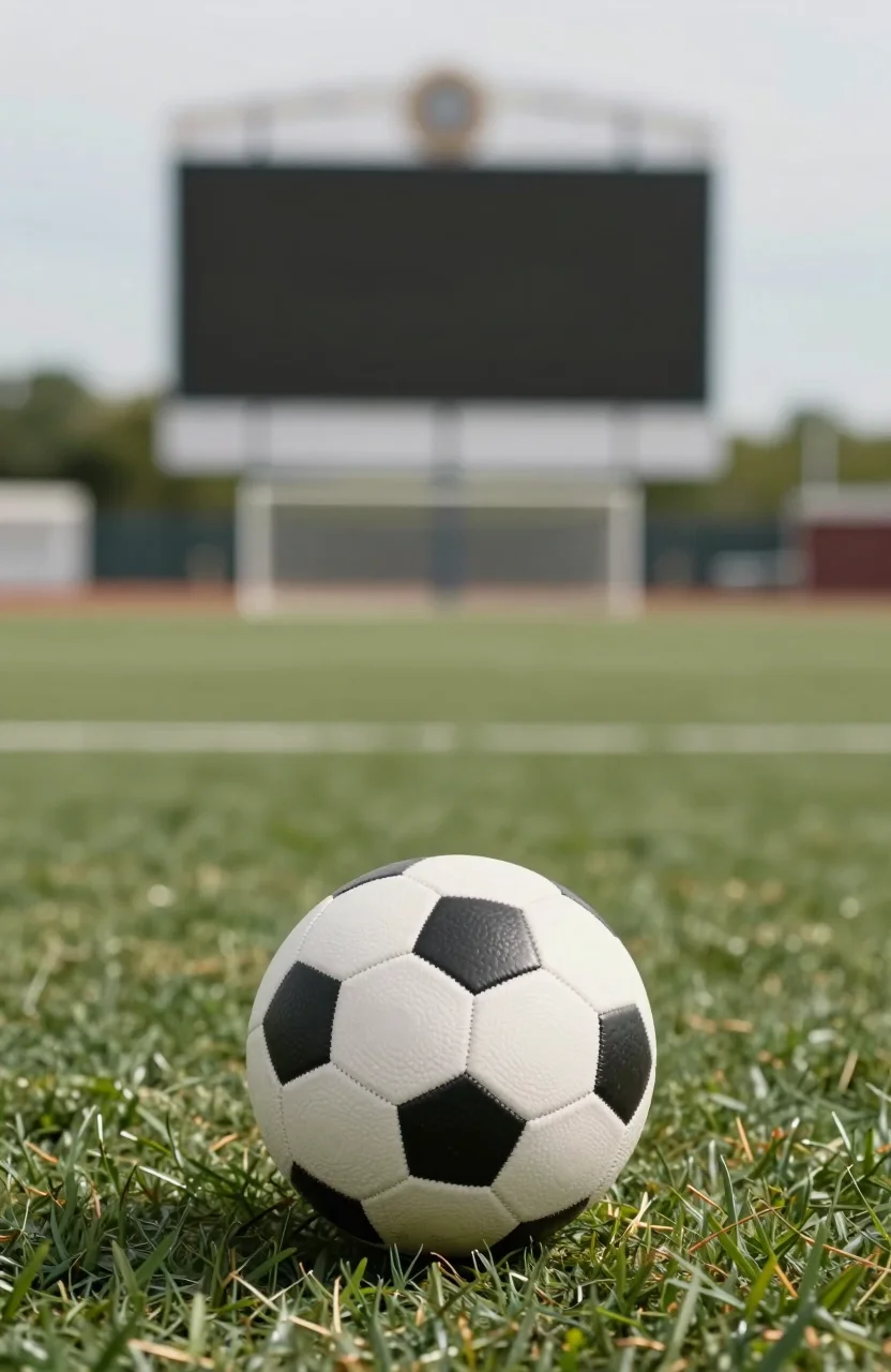 Tableau de score de stade flou en arriere-plan, ballon de football au premier plan sous lumiere naturelle