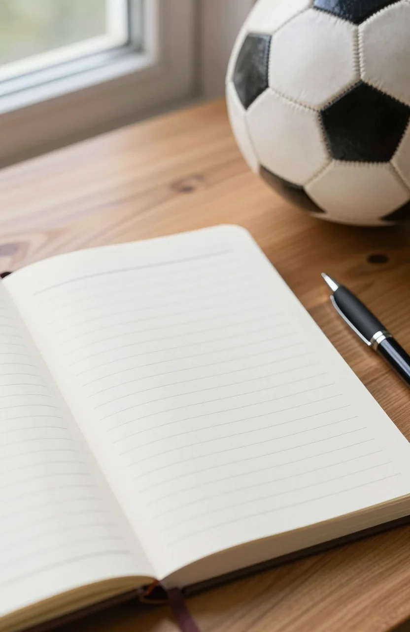 Carnet ouvert et stylo sur une table a cote d'un ballon de football