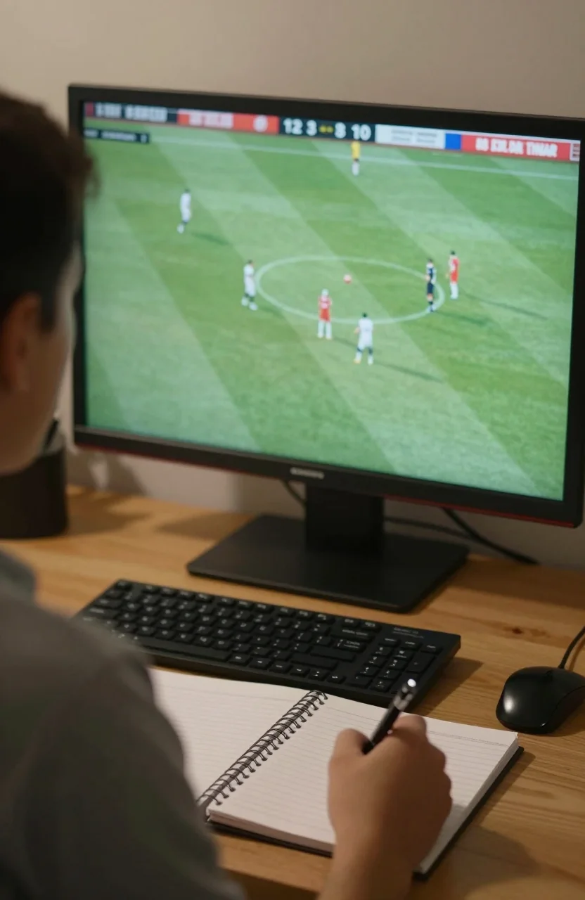 Analyste observant un match de football depuis un bureau avec ecran et carnet