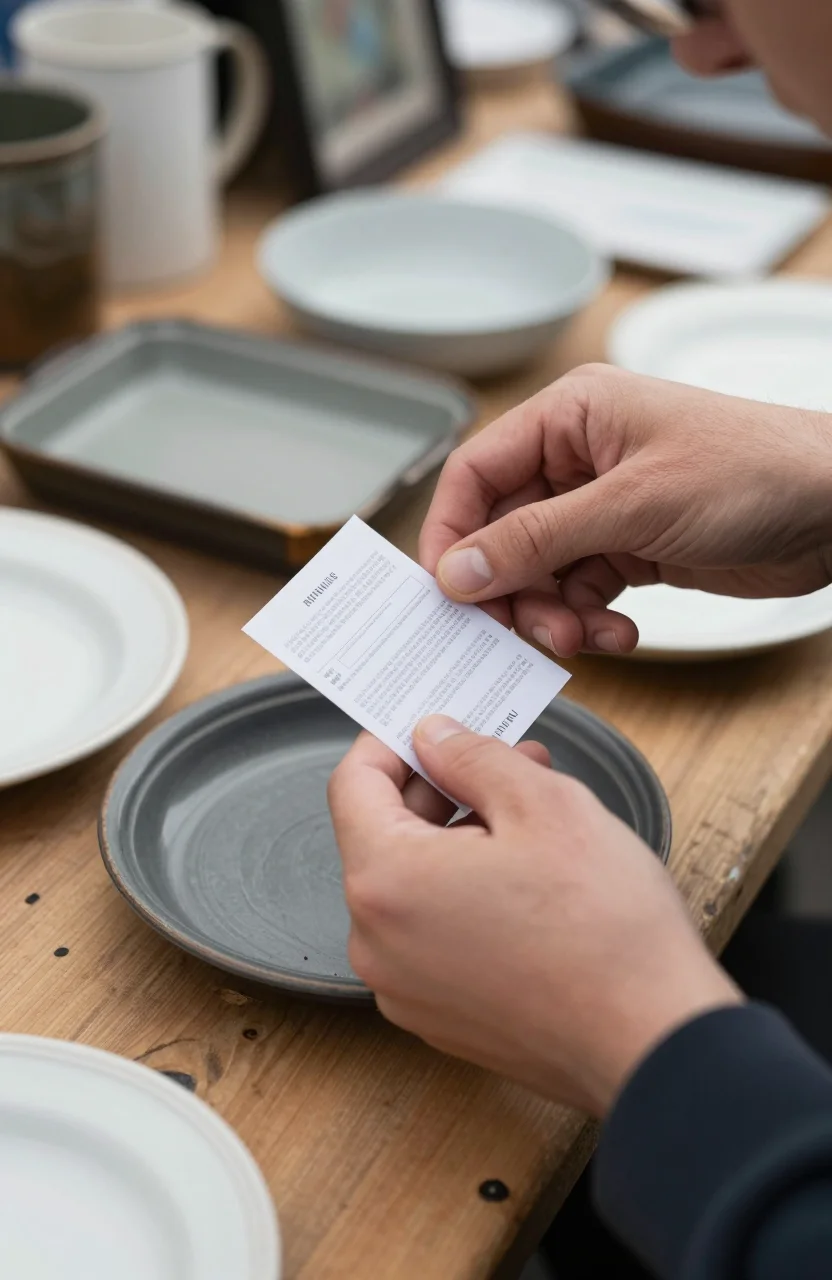 Personne inspectant l'étiquette d'un objet d'occasion sur une table de brocante en lumière naturelle