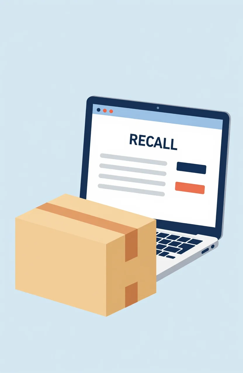 Illustration claire d'un colis e-commerce et d'un écran de commande avec une notice de rappel produit