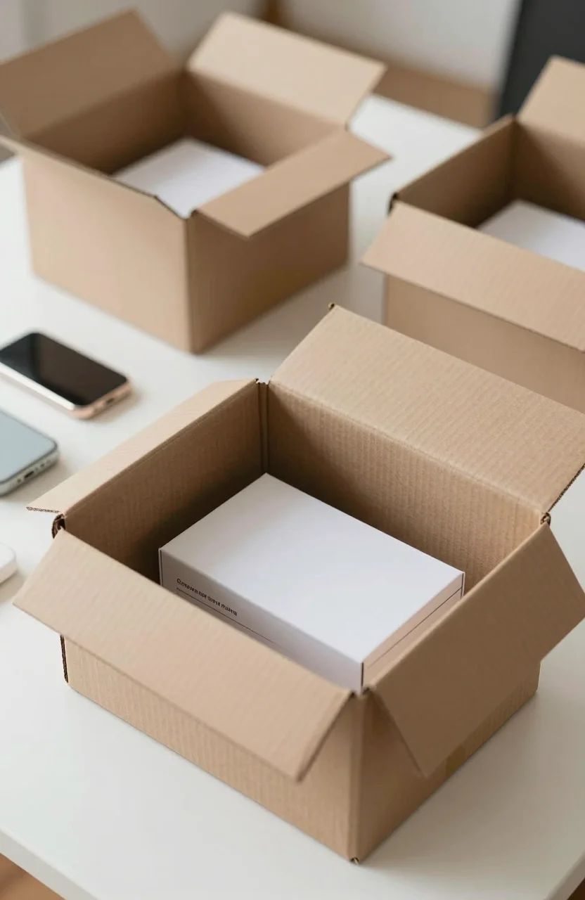Colis e-commerce et petits objets électroniques sur une table près d'une étiquette CE floue