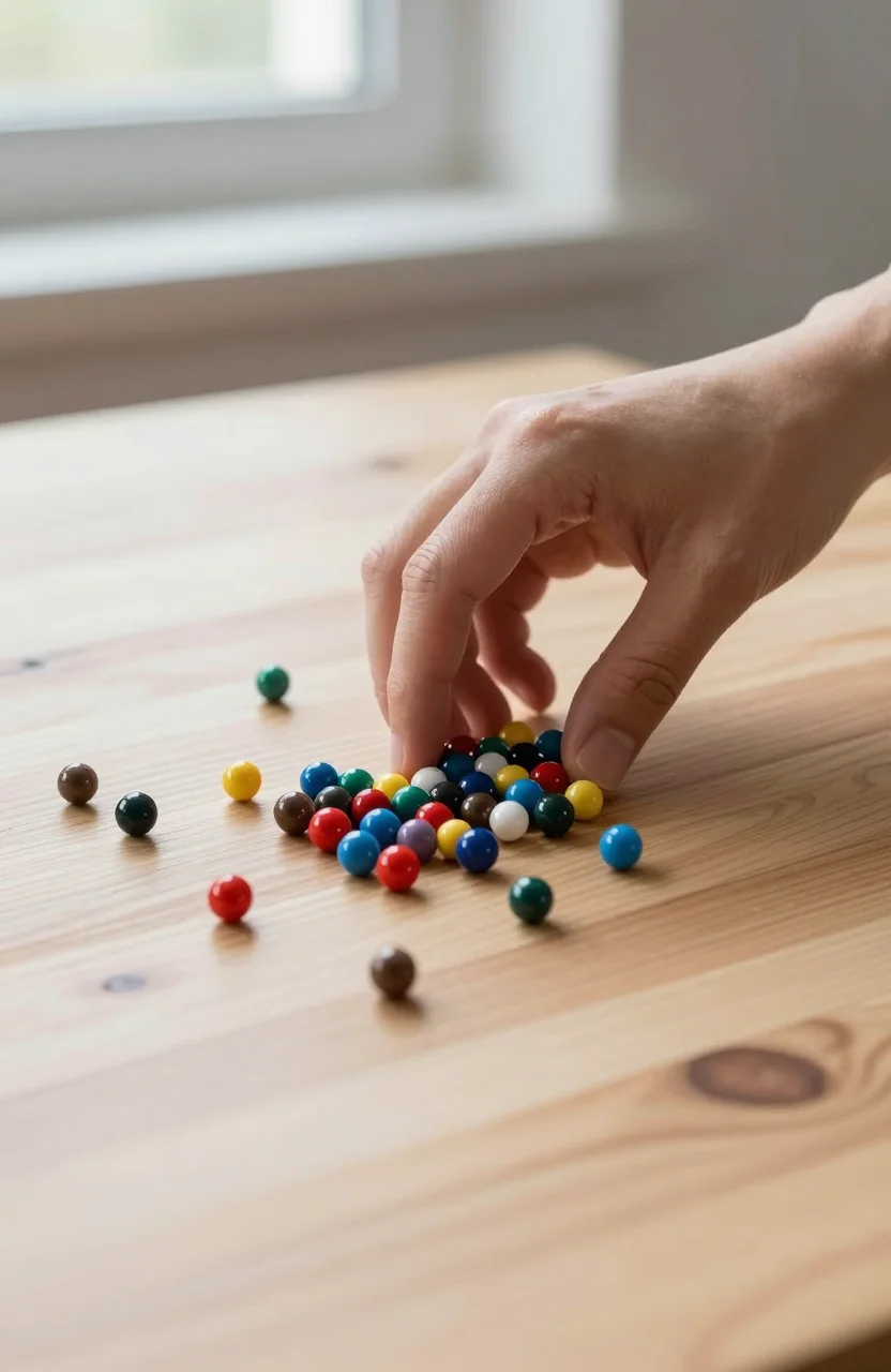 Petites billes magnétiques colorées éparpillées sur une table en bois claire près d'une main d'adulte