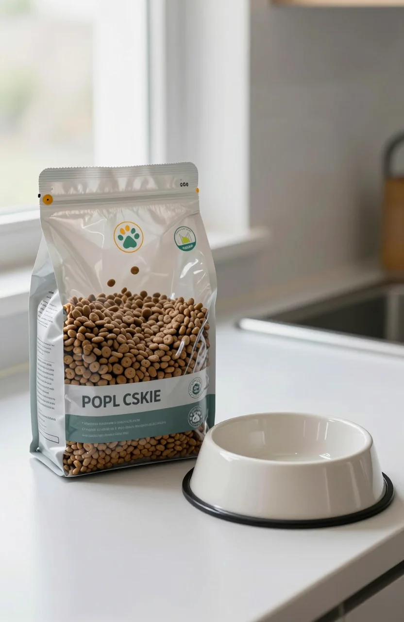 Sac de croquettes pour chien pose sur une table de cuisine claire a cote d'une gamelle