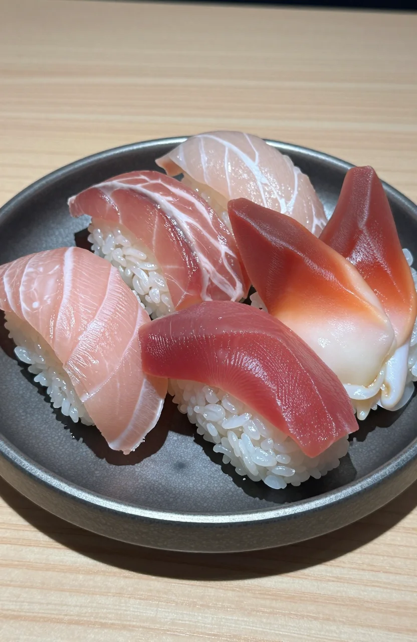 Assiette de sushi et sashimi de poisson cru sur une table en bois claire