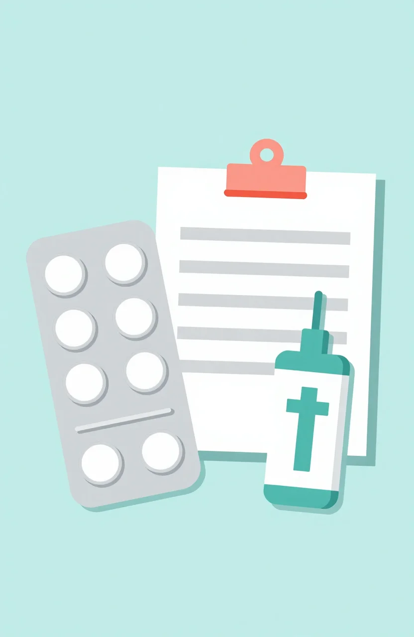 Illustration claire d'une boîte de médicament et d'un dispositif médical près d'une notice d'alerte
