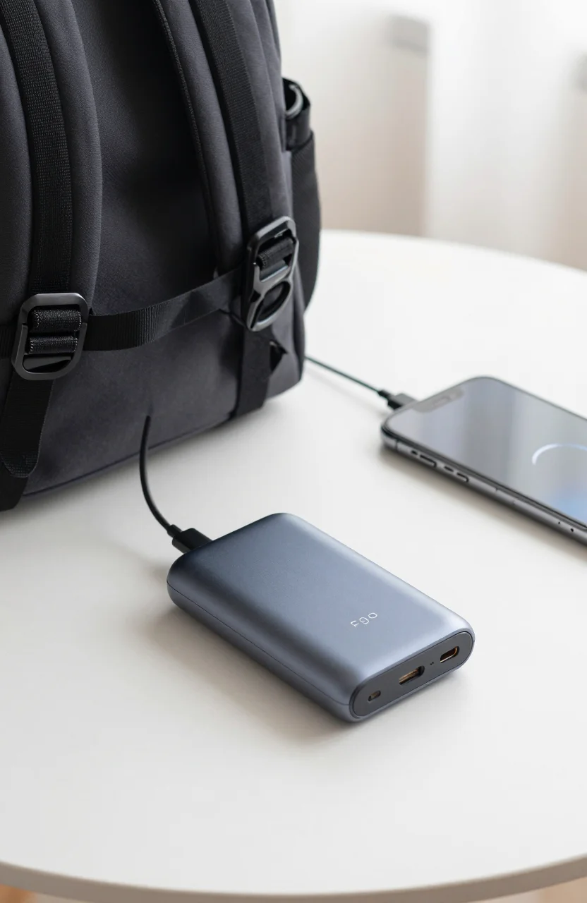 Batterie externe USB et smartphone en charge sur une table claire près d'un sac de voyage