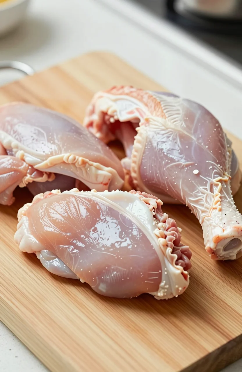 Découpe de poulet cru sur planche en cuisine, gestes d'hygiène alimentaire