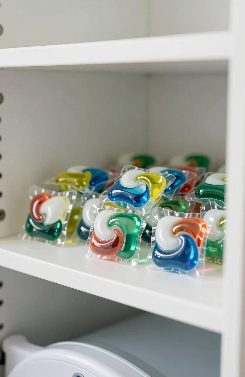 Capsules de lessive colorées rangées hors de portée des enfants