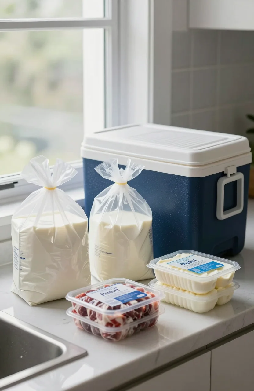 Sacs de courses frais et glacière ouverts sur un plan de cuisine clair