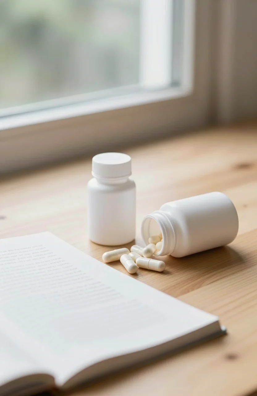 Boîtes de compléments alimentaires et capsules sur une table claire près d'une notice