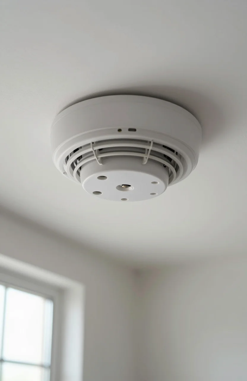 Détecteur de fumée blanc fixé au plafond d'un couloir de logement