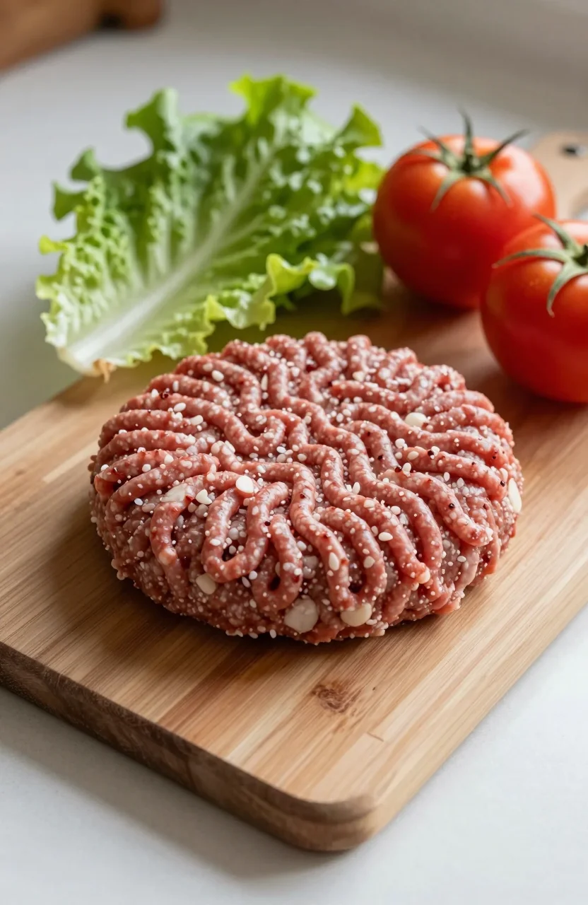 Steak haché cru sur planche de cuisine près de légumes frais