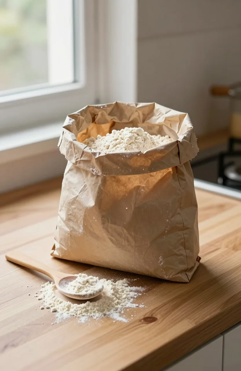 Sachet de farine ouvert sur un plan de travail de cuisine en bois clair