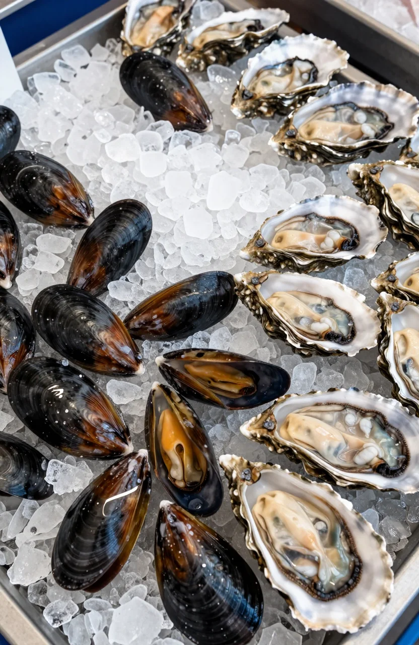 Plateau de moules et coquillages frais sur un etal de poissonnerie