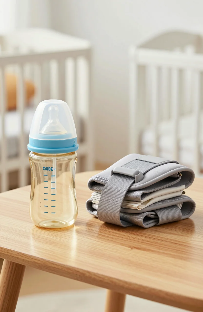 Gourde et biberon de puériculture posés sur une table claire près d'un porte-bébé plié