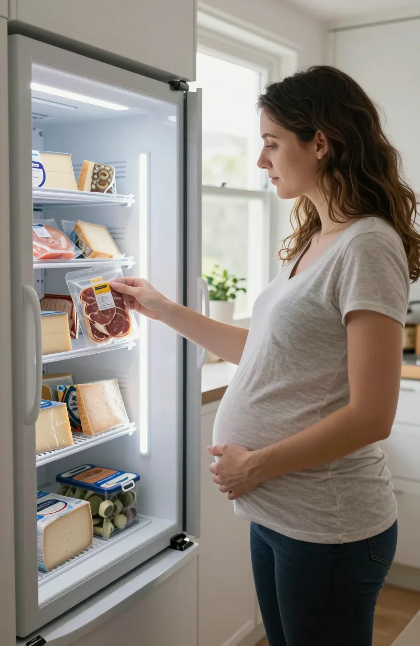 Femme enceinte vérifiant des fromages et de la charcuterie dans un réfrigérateur de cuisine