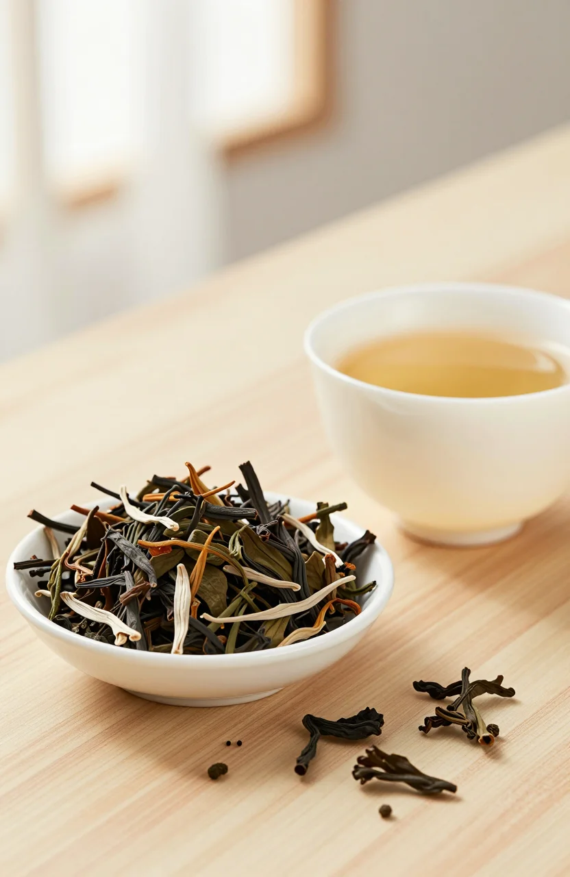 Tisane en vrac et tasse en céramique sur une table de cuisine en lumière naturelle