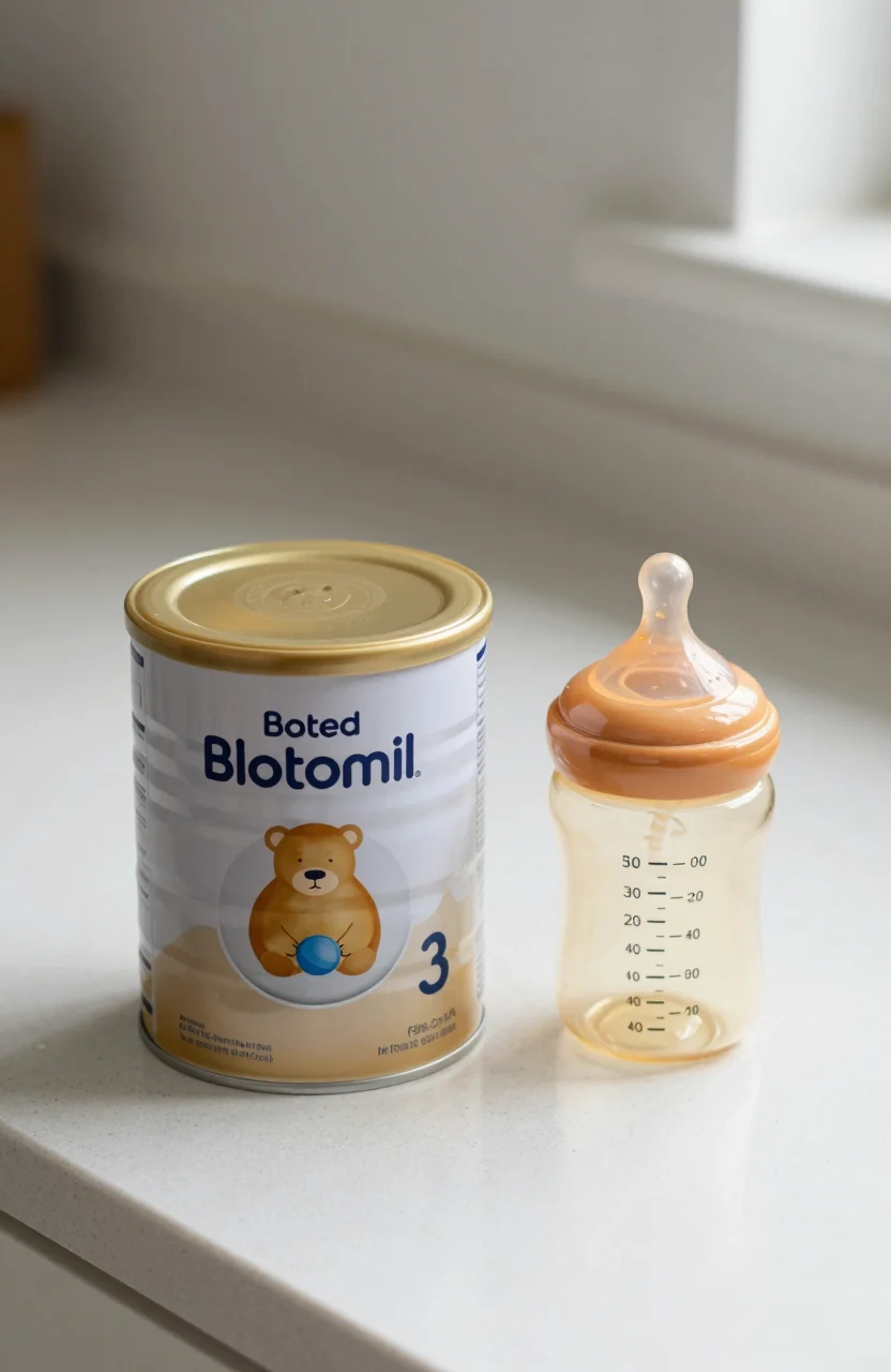 Boite de lait infantile sur un plan de cuisine clair a cote d'un biberon vide