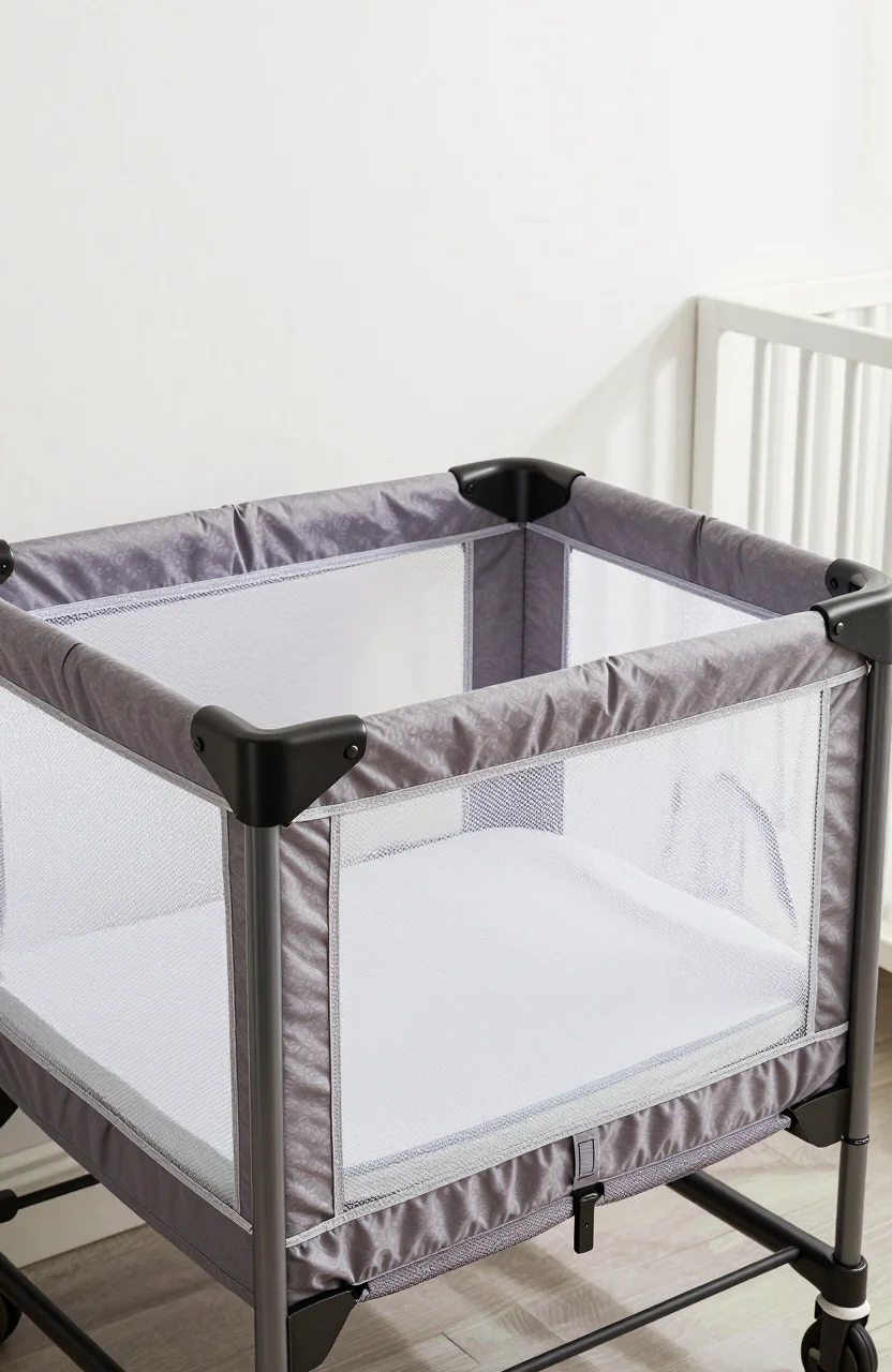 Lit parapluie bebe ouvert dans une chambre claire, sans personne