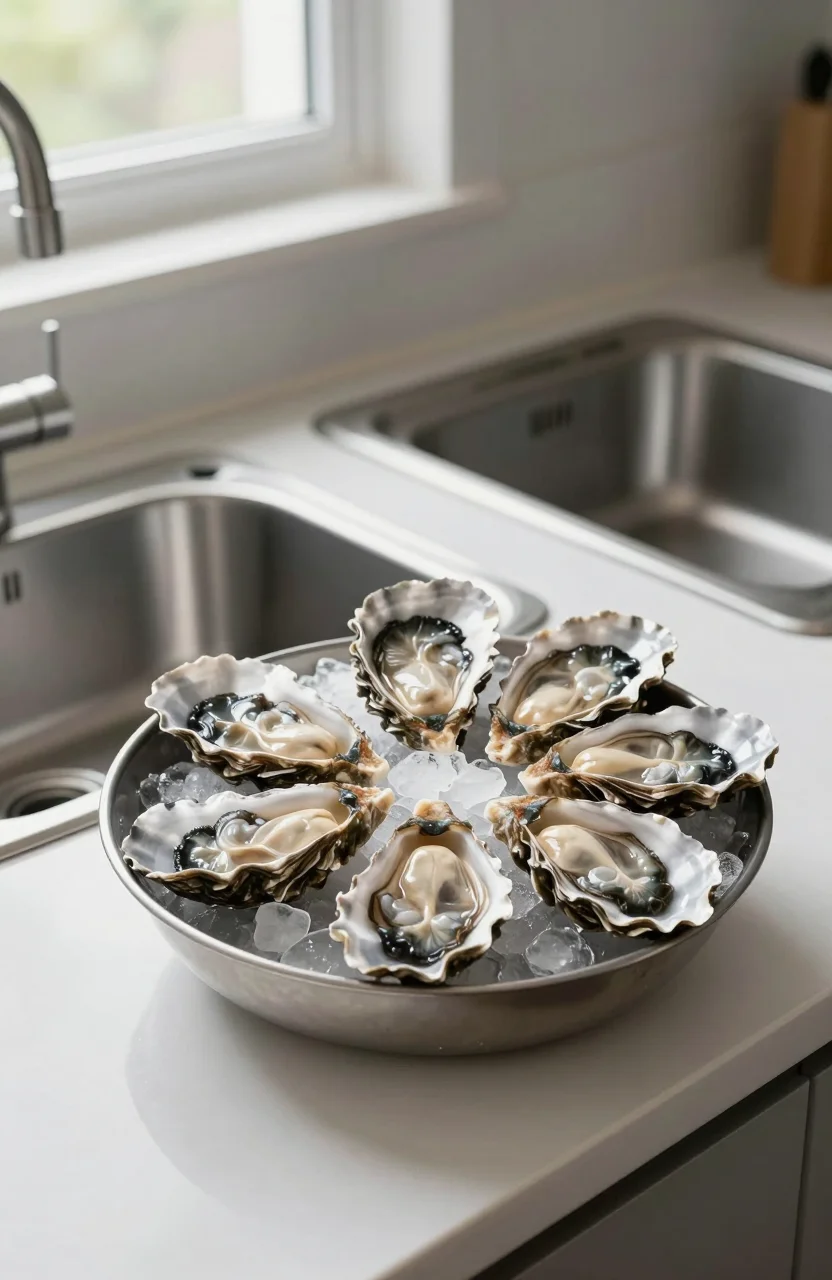 Plan de travail de cuisine propre avec fruits de mer crus et évier