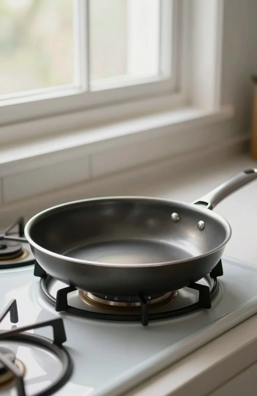Poele antiadhesive en metal sur une plaque de cuisine claire