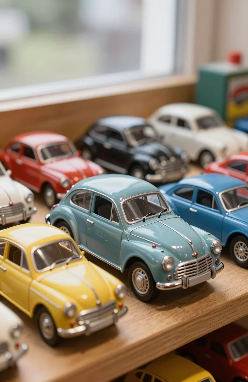 Jouets et objets anciens en metal peints ranges sur une etagere de brocante