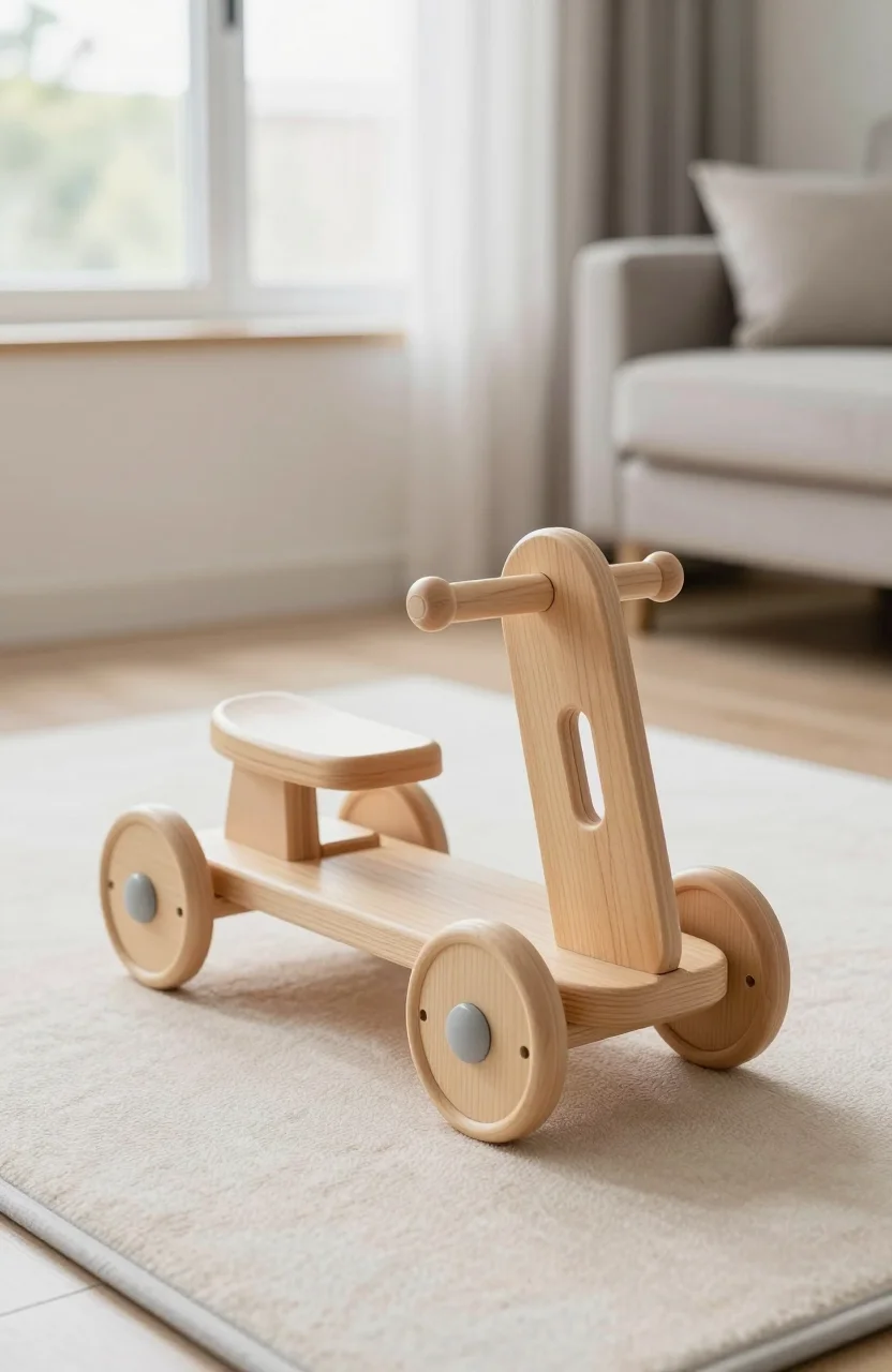 Porteur bébé en bois clair posé sur un tapis dans un salon lumineux