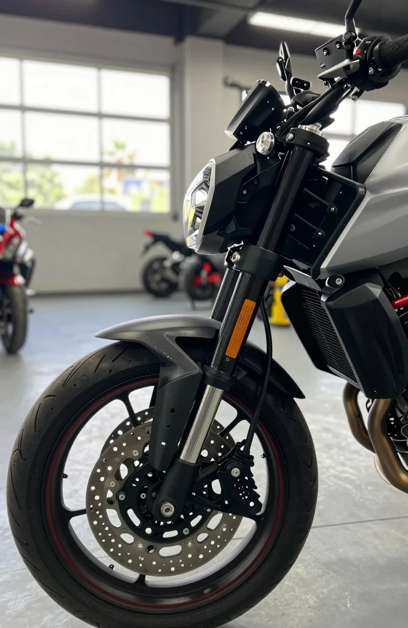 Moto garee dans un atelier, detail du cadre et du frein avant