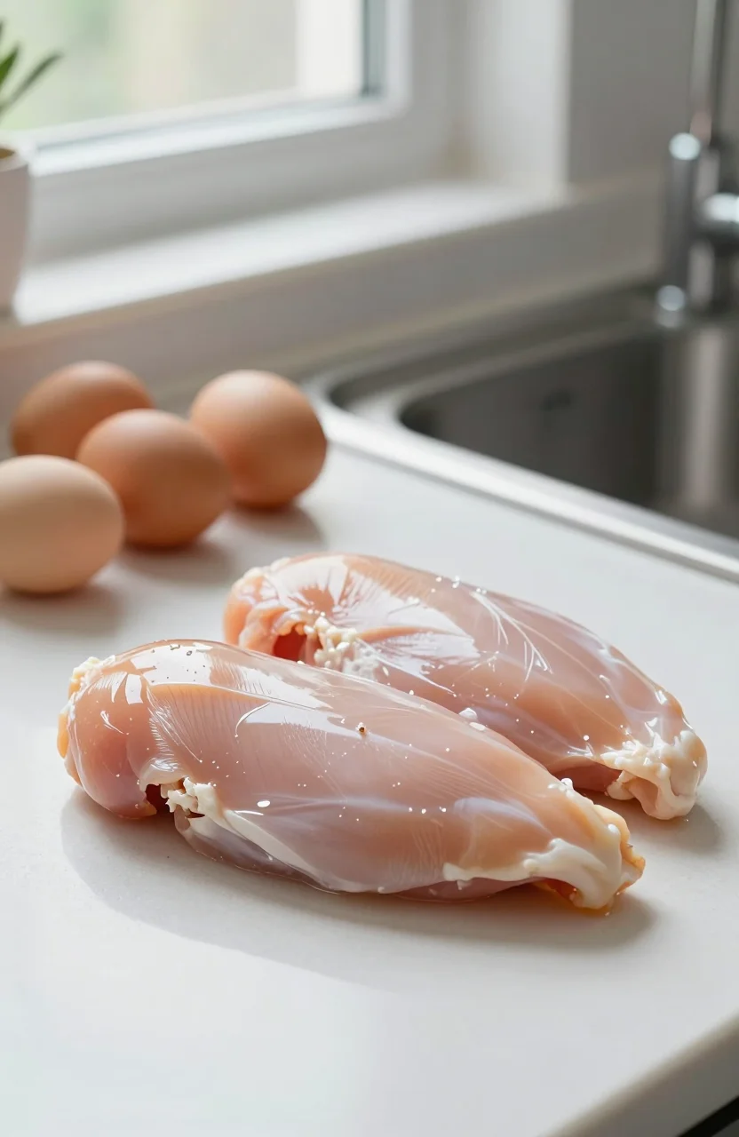 Plan de travail de cuisine avec œufs entiers et filet de poulet cru près d un évier, lumière naturelle