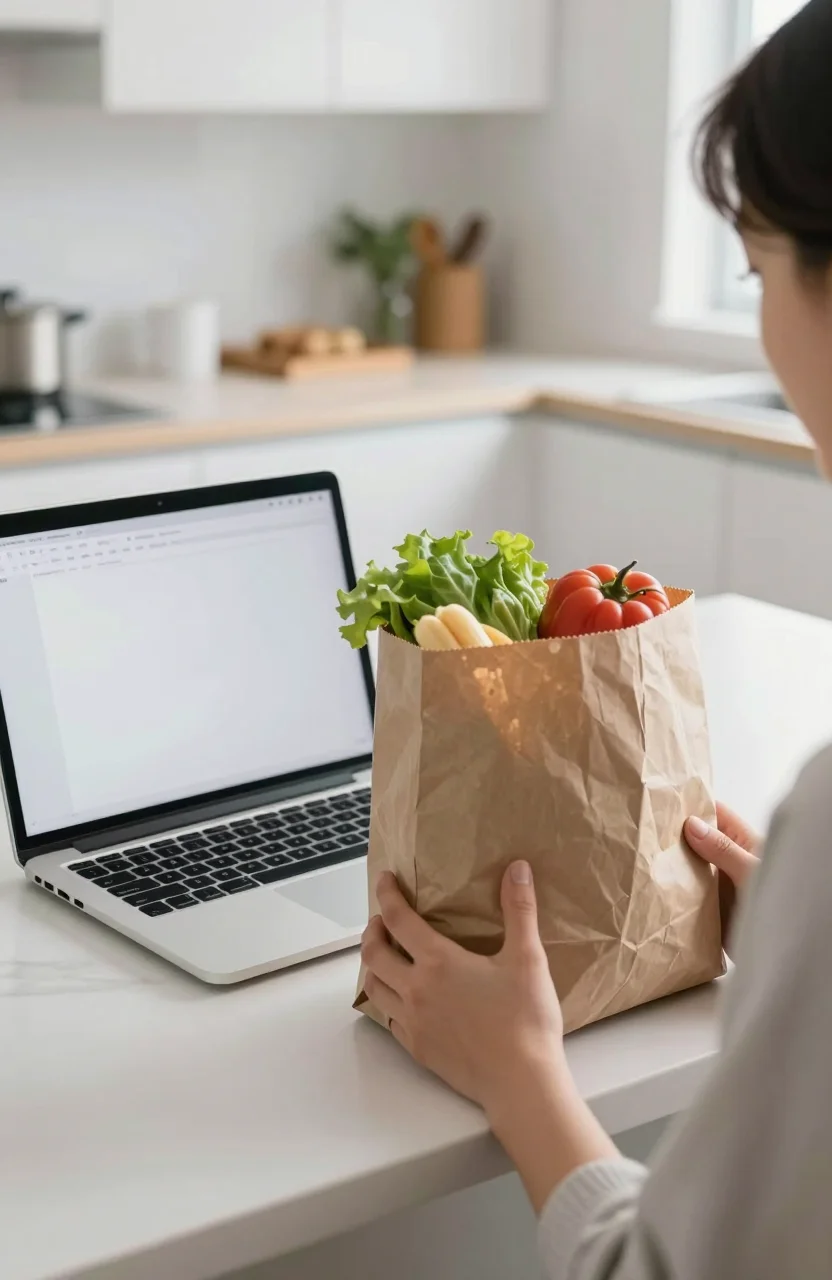 Personne comparant un emballage alimentaire a une fiche d'information sur un ecran dans une cuisine claire