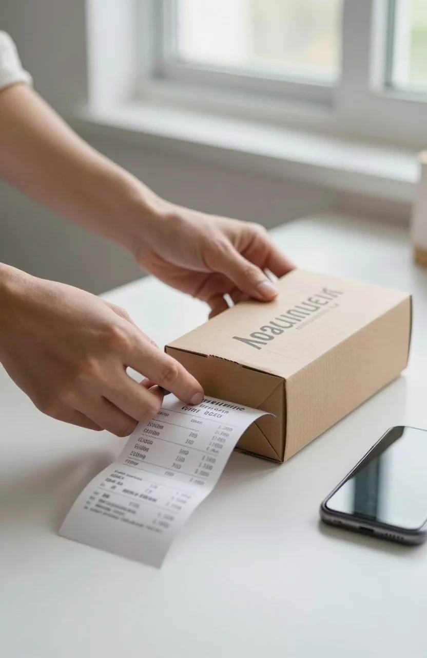 Personne preparant un dossier de signalement avec emballage produit et ticket de caisse sur une table claire