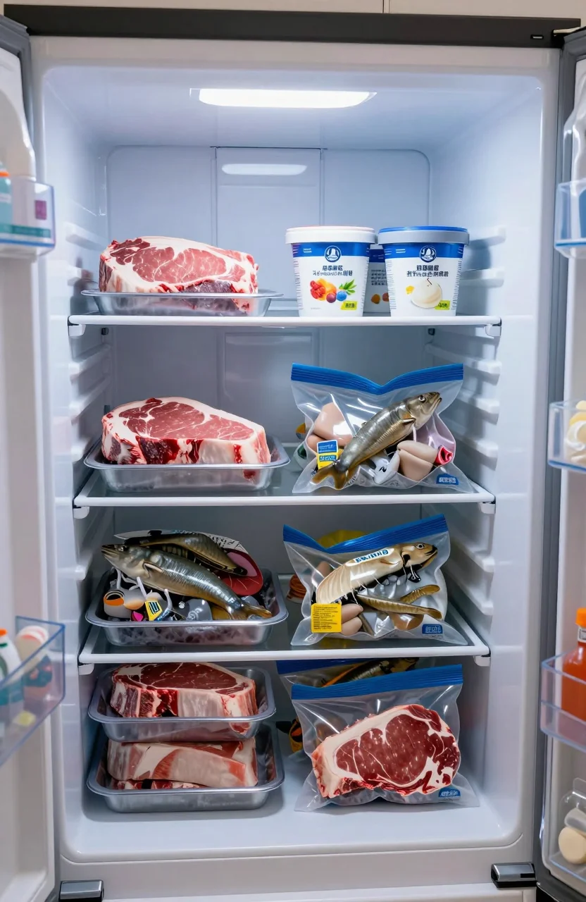 Sacs de surgelés et barquettes de steaks dans un congélateur ouvert