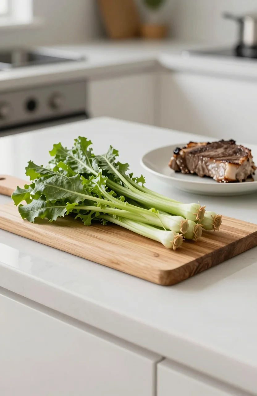 Planche a decouper avec legumes frais laves et viande cuite a point dans une cuisine claire