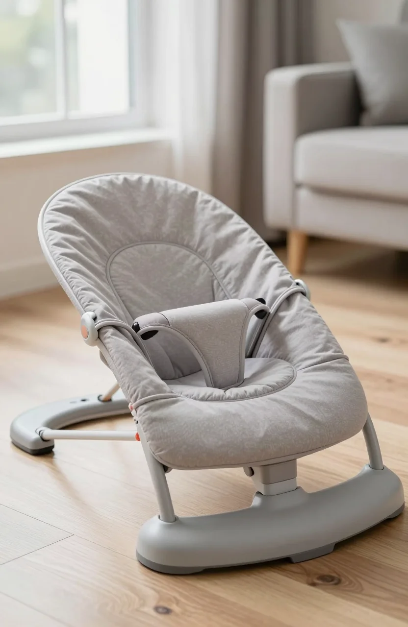 Transat bebe en tissu clair pose au sol dans un salon lumineux