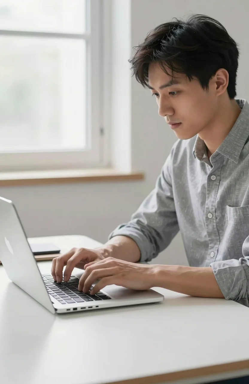 Founder at a desk choosing a clear profile username on a laptop