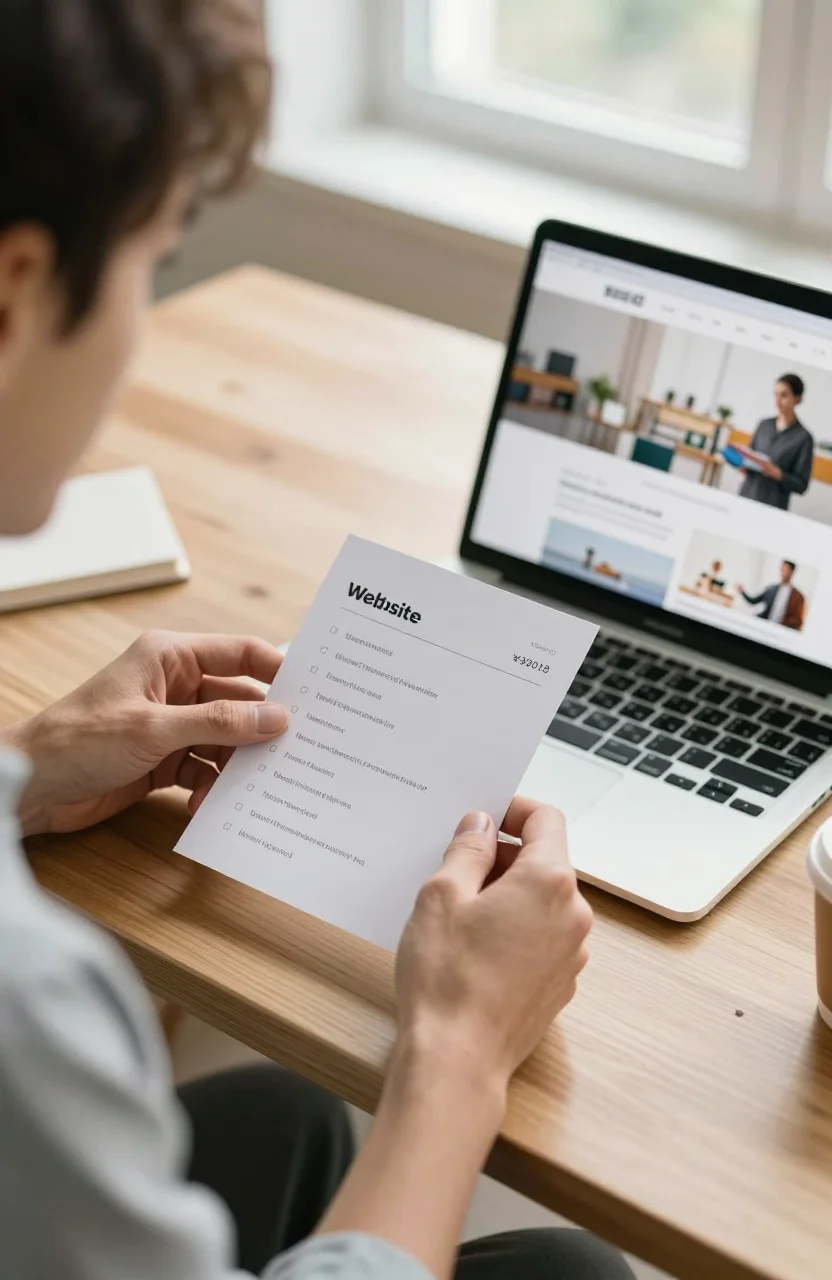 Founder comparing a website listing card with a laptop landing page on a bright desk