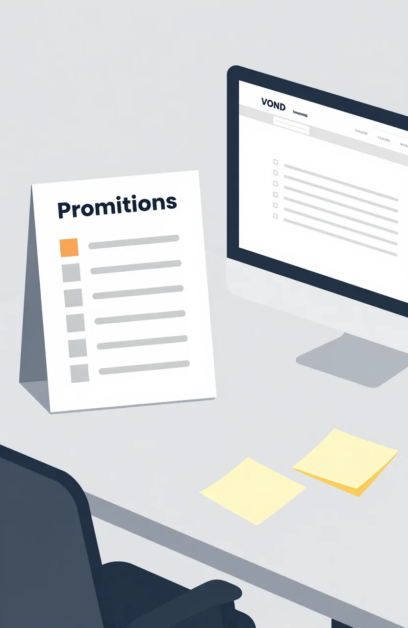 Flat illustration of a simple promotion checklist and community notes on a light desk