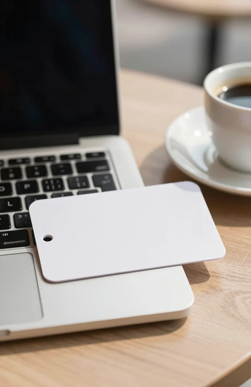 Small paper coupon next to a laptop on a bright cafe table