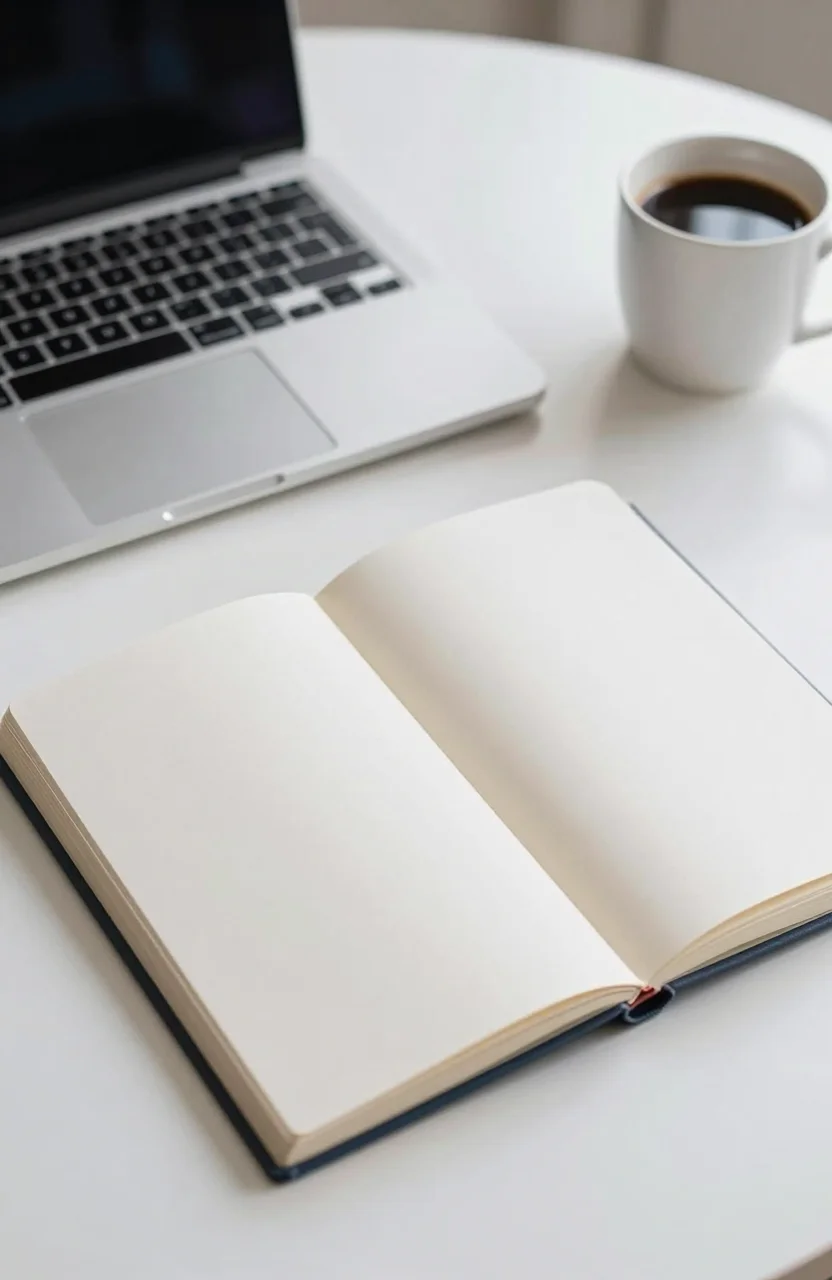 Photorealistic notebook checklist and laptop on a bright desk before a website launch