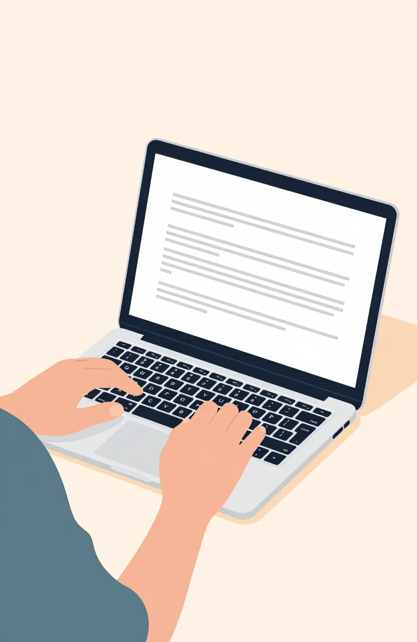 Person writing a clear product listing on a laptop at a clean modern desk