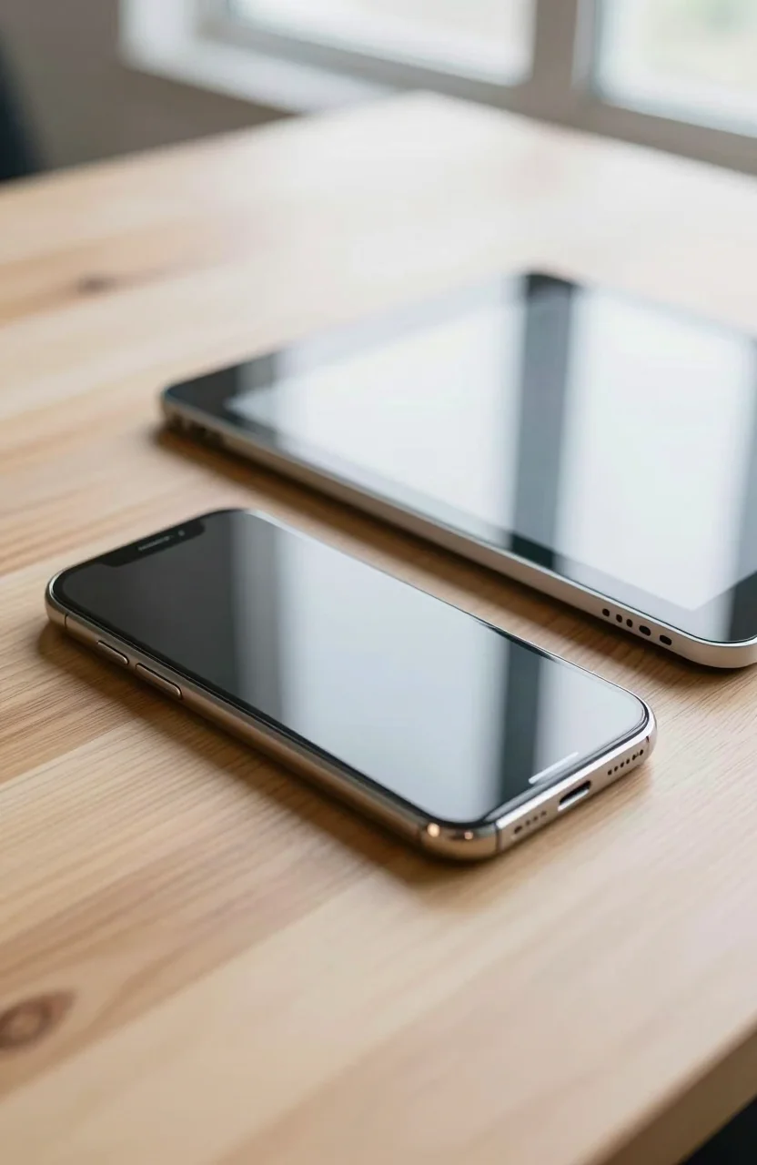 Smartphone and tablet on a bright desk showing blurred app screens