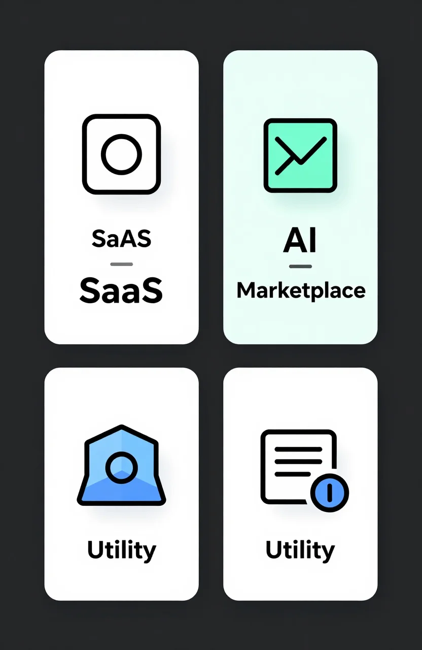 Flat illustration of four category cards labeled SaaS, AI Tool, Marketplace, and Tool on a light background