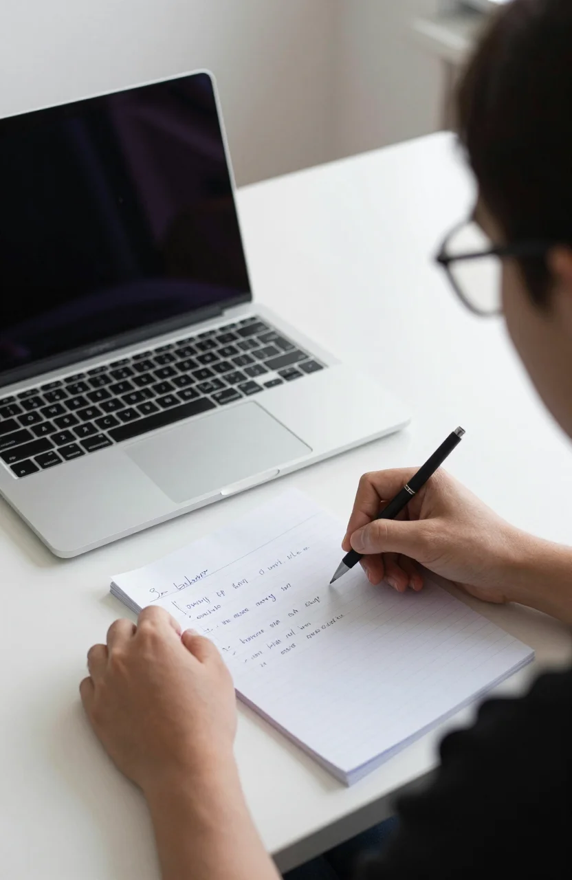 Person reviewing notes at a desk before resubmitting a website listing