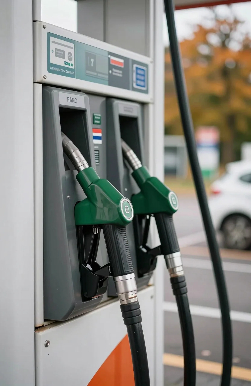 Pompe a essence dans une station-service en France un matin d'automne