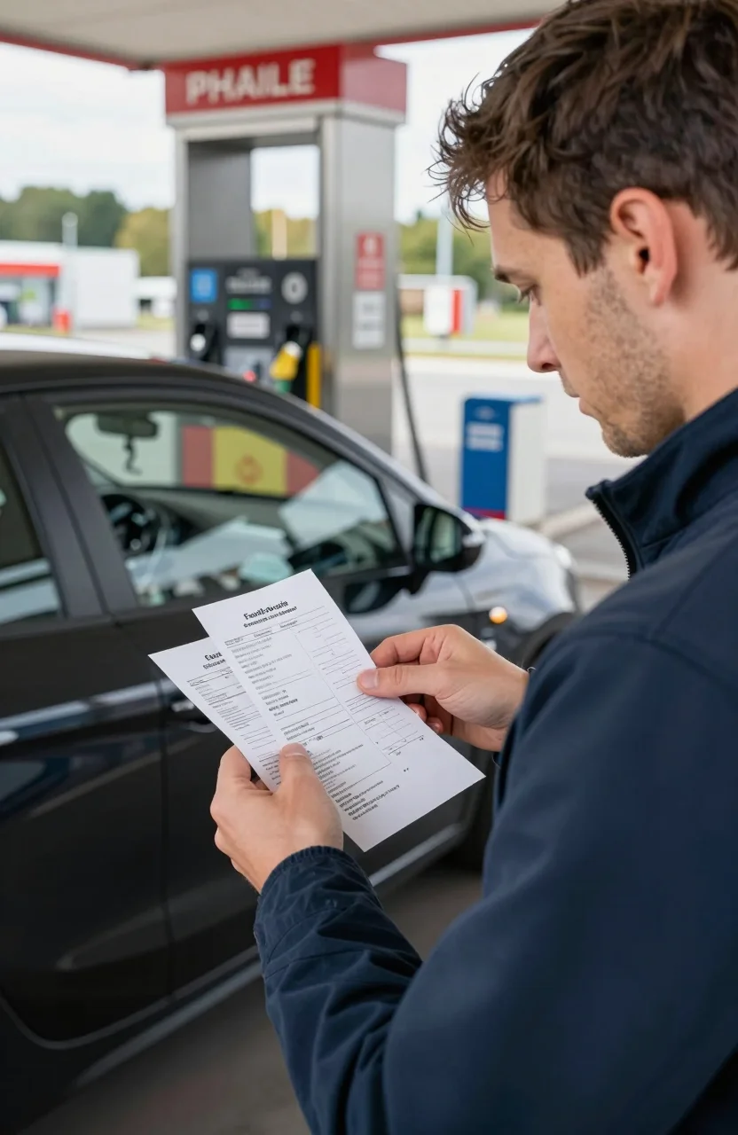 Conducteur consultant une note de frais carburant a cote de sa voiture